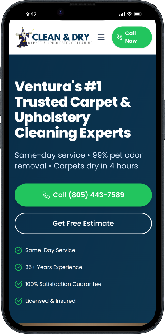 Clean & Dry Carpet Cleaning mobile website on iPhone